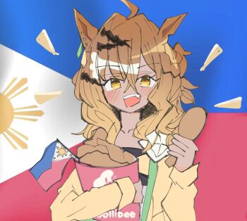Rule 34 | 1girl, ahoge, animal ears, black tube top, braid, brown hair, chicken (food), crossed bangs, dailytachycafe, dark-skinned female, dark skin, emphasis lines, food, fried chicken, hair between eyes, half up half down braid, highres, horse ears, horse girl, jacket, jollibee, jungle pocket (umamusume), notched ear, open clothes, open jacket, open mouth, philippine flag, short hair, solo, strapless, tube top, umamusume, yellow eyes, yellow jacket