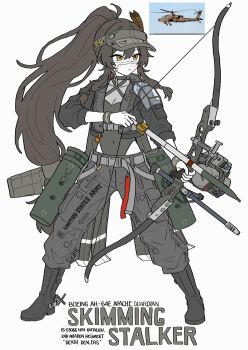 Rule 34 | 1girl, ah-64 apache, aircraft, archery, armored vehicle, attack helicopter, blackd09, bow (weapon), breasts, brown hair, feathers, helicopter, highres, holding, holding bow (weapon), holding weapon, humanization, long hair, long sleeves, military vehicle, missile, missile pod, original, pants, personification, simple background, solo, united states army, weapon