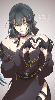 Rule 34 | 1girl, artist name, black dress, black gloves, black hair, black ribbon, bright pupils, chinese commentary, closed mouth, collarbone, commentary request, dandelion (girls' frontline), dated, dress, girls' frontline, girls' frontline 2: exilium, gloves, grey background, hair ornament, half gloves, heart, heart hands, highres, johnjohn (johnjohn 1028), looking at viewer, neck flower, neck ribbon, off-shoulder dress, off shoulder, ribbon, simple background, smile, solo, upper body, white pupils, yellow eyes