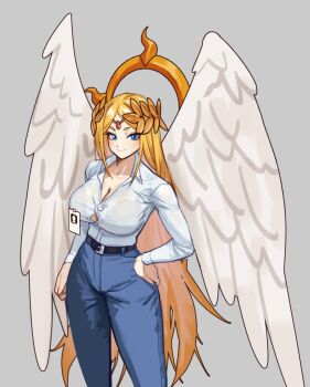 1girl angel_wings black_bra blonde_hair blood_angels blue_eyes blue_pants bra breasts button_gap circlet cleavage collared_shirt commentary cowboy_shot denim dress_shirt english_commentary genderswap genderswap_(mtf) grey_background halo halo_behind_head hand_on_own_hip highres jeans large_breasts laurel_crown long_hair looking_at_viewer name_tag office_lady pants podobrick primarch sanguinius see-through_clothes see-through_shirt shirt smile solo underwear very_long_hair warhammer_40k wings