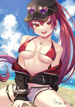 1girl bare_shoulders baseball_cap beach bikini black_hat black_jacket blue_sky blush breasts cleavage collarbone eyewear_on_headwear hat heart heart-shaped_eyewear heterochromia highres hololive houshou_marine houshou_marine_(summer) jacket jewelry large_breasts long_hair long_sleeves looking_at_viewer necklace off_shoulder official_alternate_costume open_mouth ponytail red_bikini red_eyes red_hair ryofuhiko shore short_shorts shorts sitting sky smile solo sunglasses swimsuit virtual_youtuber white_shorts yellow_eyes