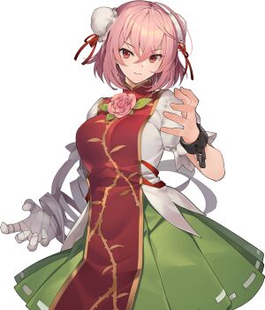 1girl arm_belt bandaged_arm bandages breasts bun_cover chain closed_mouth cuffs double_bun eho_(icbm) flower game_cg green_skirt hair_bun ibaraki_kasen labyrinth_of_touhou_(series) labyrinth_of_touhou_tri large_breasts looking_at_viewer non-web_source official_art pink_flower pink_hair pink_rose puffy_short_sleeves puffy_sleeves red_tabard rose shackles shirt short_sleeves skirt solo tabard touhou transparent_background white_shirt