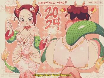 1990s_(style) 1boy 1girl 2024 20s animated animated_gif ass bluesona_(bluethebone) bluethebone blush bone_hair_ornament breasts brown_hair china_dress chinese_clothes chinese_zodiac cleavage cloud collarbone detached_sleeves double_bun dragon_girl dragon_horns dragon_tail dress fang fire fireworks fishnets floral_print flower green_thighhighs grey_eyes hair_bun hair_flower hair_ornament happy_new_year heart holding horns long_sleeves looking_at_viewer medium_breasts multiple_views new_year open_mouth original pink_background pink_dress print_dress red_nails retro_artstyle short_hair sitting sitting_on_face sitting_on_person sleeveless sleeveless_dress smile sparkle sparkler standing subtitled tail thighhighs year_of_the_dragon