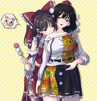 Rule 34 | 2girls, adapted costume, belt, biting, biting shoulder, black belt, black hair, black skirt, blush, bow, breasts, brown eyes, brown hair, chinese commentary, collarbone, commentary request, dango, detached sleeves, food, frilled bow, frilled hair tubes, frilled skirt, frills, hair bow, hair tubes, hakurei reimu, hat, highres, holding, holding skewer, large breasts, leaf print, long hair, long sleeves, maple leaf print, multicolored shirt, multicolored skirt, multiple girls, open mouth, pig, pointy ears, pom pom (clothes), red bow, red eyes, red hat, red skirt, ribbon-trimmed skirt, ribbon-trimmed sleeves, ribbon trim, sanshoku dango, shameimaru aya, shirt, skewer, skirt, skirt set, tokin hat, touhou, wagashi, white shirt, yellow background, yuri, zhu feng caly