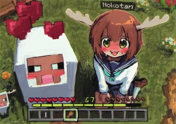 1girl 67_(meme) :3 alinkun animal aqua_neckerchief artist_name blue_sailor_collar blue_skirt blush commentary day deer_girl dot_nose double-parted_bangs flower food green_eyes hands_on_own_thighs heads-up_display heart highres holding holding_food kneeling looking_at_viewer meme minecraft neckerchief nose_blush open_mouth outdoors pixel_heart pov sailor_collar school_uniform serafuku sheep_(minecraft) shikanoko_noko shikanoko_nokonoko_koshitantan shirt shoes skirt smile sweatdrop user_interface uwabaki video_game white_shirt