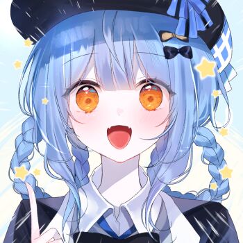 1girl :d black_bow black_hat blue_hair bow braid braided_hair_rings commentary_request deerstalker hair_bow hair_rings hat index_finger_raised korean_commentary looking_at_viewer loveme mahou_shoujo_no_majo_saiban open_mouth short_hair smile solo star_(symbol) tachibana_sherry upper_body yellow_eyes