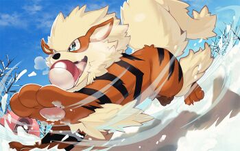 Rule 34 | arcanine, bare tree, blue eyes, blue sky, bright pupils, buku2 suisou, day, foreshortening, gen 1 pokemon, gradient sky, motion lines, mouth hold, nintendo, no humans, open mouth, outdoors, poke ball, pokemon, pokemon (creature), pokemon focus, running, sky, snow, solo, tent, tongue, tree, white pupils