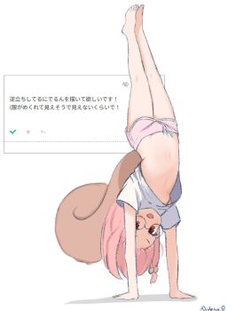 1girl animal_ears glasses handstand highres nidelva pink_hair signature smile squirrel_ears squirrel_girl squirrel_tail tagme tail translation_request