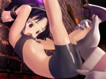 1boy 1girl 3d :o against_wall age_difference ako_(sacred_plume) anal anal_fingering animal_hat armpits arms_up bdsm bike_shorts black_hair blush bondage bound bound_ankles bound_wrists breasts breasts_out brick_wall brown_eyes chain clothed_sex clothes_lift colored_skin cuffs fingering flat_chest from_side game_cg grey_skin halterneck hat hetero indoors kneepits kurt_(sacred_plume) leaning_back leg_grab legs_up loli looking_down ma@ya nipples no_bra open_mouth purple_footwear purple_hat raised_eyebrows rape sacred_plume sacredplume shackles shirt_lift shoes short_hair size_difference small_breasts solo_focus spandex spread_legs sweat tears teatime turtleneck