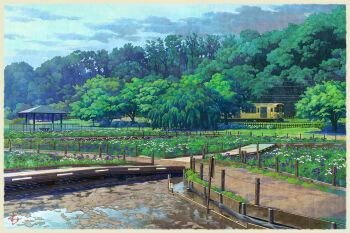 bench bridge cloud day fence flower forest grass landscape mugumo_24k multiple_unit_train nature no_humans original outdoors park path power_lines railing road scenery seibu_railway tokyo_(city) train tree veranda water wet wooden_bridge