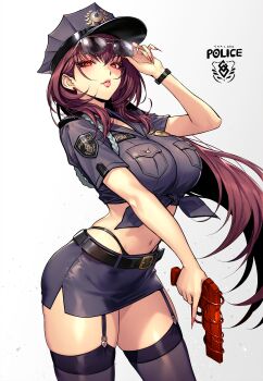 1girl absurdres alternate_costume belt black_belt black_panties blue_skirt blush breasts commentary cowboy_shot earrings fate/grand_order fate_(series) fingernails gun hand_up hat highleg highleg_panties highres holding holding_gun holding_weapon jewelry large_breasts lips long_hair looking_at_viewer miniskirt navel panties parted_lips police police_hat police_uniform policewoman purple_hair red_eyes red_nails rioliogiz scathach_(fate) sharp_fingernails short_sleeves skirt stomach stud_earrings sunglasses thighhighs thighs underwear untranslatable_commentary weapon