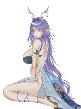 1girl antlers armlet blue_eyes breasts cleavage deer_antlers dress eyebrows_hidden_by_hair eyes_visible_through_hair full_body genshin_impact gold_armlet gold_choker hair_over_one_eye high_heels highleg highleg_dress highres horns jewelry large_breasts lauma_(genshin_impact) leaf_dress lipstick long_hair looking_at_viewer makeup pink_lips pointy_ears purple_hair s7nsles seiza sitting smile solo strap teeth thighs very_long_hair white_background white_dress