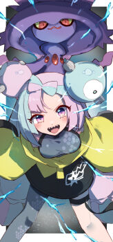 1girl blue_hair blush bow-shaped_hair breasts character_hair_ornament colored_sclera electricity fake_hair_bun gen_4_pokemon ghost grey_pantyhose hair_ornament halter_shirt halterneck hat hexagon_print highres iono_(pokemon) jacket jamir long_hair long_sleeves looking_at_viewer mismagius multicolored_hair nintendo open_mouth oversized_clothes pantyhose pink_hair pokemon pokemon_(creature) pokemon_sv red_eyes sharp_teeth shirt single_leg_pantyhose sleeves_past_fingers sleeves_past_wrists smile split-color_hair teeth two-tone_hair upper_teeth_only witch_hat yellow_eyes yellow_jacket yellow_sclera