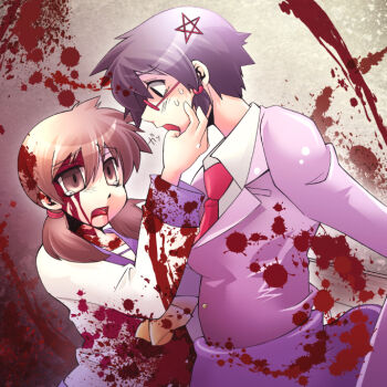 Rule 34 | 2girls, black hair, blood, blood from mouth, blood on face, blood splatter, blood on clothes, bloody tears, brown eyes, brown hair, collared shirt, corpse party, dress shirt, glasses, hair ornament, jacket, multiple girls, necktie, pentagram, purple jacket, red-framed eyewear, red neckwear, rokuhara, saenoki naho, school uniform, semi-rimless eyewear, serafuku, shinozaki ayumi, shirt, twintails, white shirt
