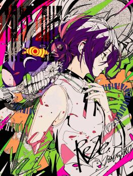 1girl 3kuma bare_shoulders black_choker black_ribbon bomb_devil_(chainsaw_man) breasts chainsaw_man choker collared_shirt from_side grenade_pin hair_between_eyes hair_bun hand_on_own_chest highres light_blush medium_breasts medium_hair neck_ribbon purple_hair reze_(chainsaw_man) ribbon ringed_eyes shirt sleeveless sleeveless_shirt solo teeth updo white_shirt
