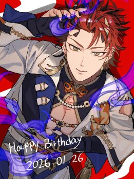 1boy arm_up beads black_hair black_nails dated demon_horns ear_piercing earrings ensemble_stars! fingernails from_above happy_birthday hashtag-only_commentary highres horns jewelry kiryu_kuro komakoma_enst long_sleeves looking_at_viewer male_focus multicolored_hair nail_polish official_alternate_costume oniyasha_(ensemble_stars!) piercing red_background red_hair short_hair solo streaked_hair two-tone_hair