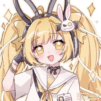 1girl :d animal_ear_headphones animal_ears artist_name black_choker black_gloves blonde_hair blush character_request choker commentary fake_animal_ears gloves hand_up headphones highres long_hair neckerchief open_mouth portrait rabbit_ear_headphones rabbit_ears sailor_collar shirt short_sleeves sidelocks simple_background smile solo sparkle symbol-only_commentary twintails wangzhe_rongyao watermark white_background white_sailor_collar white_shirt yellow_eyes yellow_neckerchief yukomeow