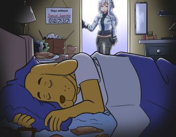 1boy 1girl ak-12_(girls'_frontline) arthur_(series) artist_name bed bedroom black_gloves black_pants breasts closed_eyes colored_skin desk dog drawer english_text food furry furry_male furry_with_non-furry girls'_frontline glasses gloves grey_hair highres hot_pocket indoors interspecies janitor john_morris lamp large_breasts long_hair long_sleeves mirror open_door pants partially_fingerless_gloves pillow serjatronic shirt sign sleeping smile standing tactical_clothes white_shirt yellow_skin