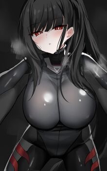 1girl all_fours black_background black_bodysuit black_hair blue_archive blunt_bangs blush bodysuit breasts bright_pupils commentary hair_behind_ear hair_between_eyes impossible_bodysuit impossible_clothes large_breasts latex latex_bodysuit long_hair looking_at_viewer official_alternate_costume official_alternate_hairstyle paid_reward_available parted_lips ponytail ragnaveldt red_eyes ringed_eyes rio_(armed)_(blue_archive) rio_(blue_archive) sidelocks simple_background skin_tight solo steam steaming_body sweat variant_set very_long_hair white_pupils