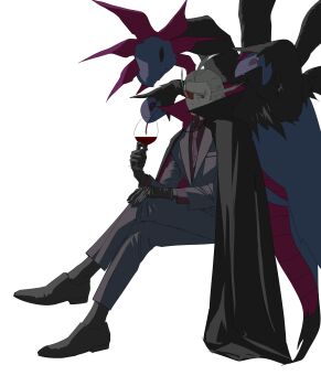 Rule 34 | 1boy, 1other, absurdres, alcohol, biting, black cape, black gloves, black sclera, black shoes, black socks, blazer, blonde hair, cape, coat, colored sclera, commentary, covered mouth, crossed legs, cup, dragon, dress shirt, drinking, drinking glass, facing to the side, formal clothes, gen 5 pokemon, ghetsis (pokemon), gloves, goldgalchi, grey coat, grey pants, hair slicked back, hand on own knee, high collar, highres, holding, holding cup, hydreigon, invisible chair, jacket, korean commentary, looking to the side, multiple heads, muted color, nibbling, nintendo, pants, pokemon, pokemon (creature), pokemon bw2, red eyes, red shirt, scouter, shirt, shoes, sitting, socks, suit, tongue, tongue out, white background, wine glass