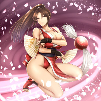Rule 34 | 1girl, absurdres, arm guards, bare legs, breasts, brown eyes, brown hair, commentary request, fatal fury, folded fan, folding fan, hand fan, high ponytail, highres, holding, holding fan, huge breasts, kneeling, light smile, long hair, looking at viewer, ninja, no bra, pelvic curtain, ponytail, revealing clothes, shiranui mai, sideboob, snk, solo, st.germain-sal, street fighter, street fighter 6, the king of fighters, toes, very long hair