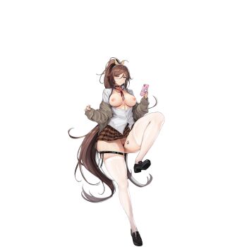 1girl between_breasts black_choker black_shoes blush breasts breasts_out brown_hair brown_skirt cellphone choker closed_mouth clothing_cutout collarbone collared_shirt full_body game_asset grey_eyes grey_sweater hair_between_eyes hair_ornament hair_ribbon hairclip heart high_ponytail highres holding holding_phone jewelry khan_the_swift last_origin leg_tattoo leg_up loafers long_hair looking_at_viewer medium_breasts mel_(dodosae) microskirt multiple_rings nail_polish neck_ribbon nipples no_panties non-web_source o-ring o-ring_choker off_shoulder official_alternate_costume official_art partially_unbuttoned phone pink_nails plaid_clothes plaid_skirt ponytail pussy ribbon ring school_uniform self-datamine shirt shoes simple_background sitting skindentation skirt smartphone solo sweater tachi-e tattoo thick_thighs thigh_strap thighhighs thighs transparent_background very_long_hair white_shirt white_thighhighs yellow_ribbon