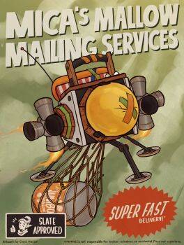 absurdres ad advertisement_redraw artist_name basket can carolkinopf fishing_net food highres marshmallow mica_(outer_wilds) outer_wilds radio_antenna rocket slate_(outer_wilds) tape thumbs_up