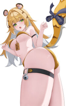 1girl absurdres aged_up alternate_breast_size_(larger) animal_ear_fluff animal_ears armband artist_name ass bare_shoulders bell between_breasts bikini black_bow blonde_hair blunt_bangs blush bow breasts colored_inner_hair commentary_request from_below green_eyes hair_intakes hands_up highres izumiillus jingle_bell ju_fufu large_breasts looking_at_viewer looking_down multicolored_hair navel open_mouth simple_background solo standing stomach swimsuit tail tail_bow tail_ornament thigh_strap thighs tiger_ears tiger_girl tiger_tail underboob white_background white_streaks yellow_bikini zenless_zone_zero