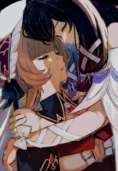 2girls black_collar black_hair blood blood_from_mouth bow brown_hair closed_eyes collar columbina_(genshin_impact) commentary genshin_impact headdress highres lurker_mlt multicolored_hair multiple_girls ribbon sandrone_(genshin_impact) symbol-only_commentary two-tone_hair white_bow white_headdress white_ribbon