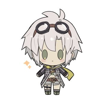 Rule 34 | 1girl, bob cut, chibi, coat, crop top, curtained hair, eiyuu densetsu, fie claussell, full body, george man, goggles, goggles on head, green eyes, hair between eyes, looking at viewer, midriff, navel, parted bangs, sen no kiseki, sen no kiseki (series), sen no kiseki ii, short hair, simple background, solo, tachi-e, white background, white hair