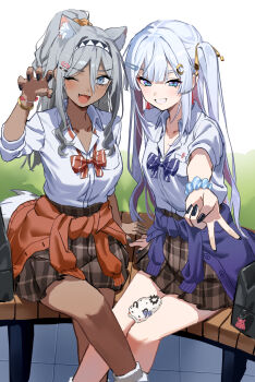 2girls animal_ears black_nails blue_bow blue_bowtie blue_eyes blush bow bowtie bracelet breasts brown_skirt cho_kaguya-hime! chuken_otako clothes_around_waist commentary_request grey_hair gyaru hair_ornament hairclip highres jewelry large_breasts long_hair long_sleeves looking_at_viewer loose_socks multiple_girls nail_polish nao_(naoooo_a) one_eye_closed orange_bow orange_bowtie outdoors ponytail runami_yachiyo school_uniform scrunchie shirt short_sleeves sitting skirt small_breasts smile socks sweater sweater_around_waist tail twintails white_hair white_shirt wrist_scrunchie