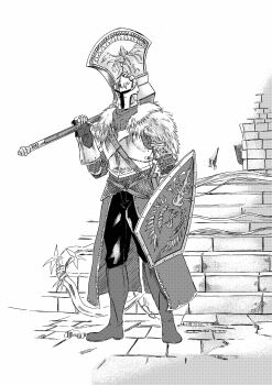 1boy 913kousatu absurdres armor axe boots breastplate commentary_request dark_souls_(series) dark_souls_iii full_body fur_collar gauntlets greyscale helm helmet highres holding holding_axe holding_shield knight lion_knight_albert male_focus monochrome shield solo standing