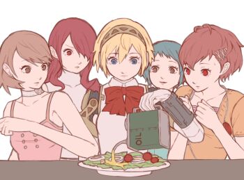Rule 34 | 5girls, aigis (persona), blue eyes, brown hair, choker, closed mouth, collarbone, hair ornament, hairclip, headphones, highres, kirijou mitsuru, long hair, multiple girls, persona, persona 3, persona 3 portable, plate, salad, shiomi kotone, shirt, short hair, smile, takeba yukari, tbjj1208, white background, yamagishi fuuka