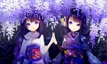 aged_down blunt_bangs bridal_gauntlets commentary_request flower genshin_impact hair_ornament hand_on_another&#039;s_hand head_tilt highres japanese_clothes kimono long_hair long_sleeves looking_at_another looking_to_the_side makoto_(genshin_impact) neck_ribbon no_mole nozomi_(lynn01302002) open_mouth outdoors purple_background purple_kimono raiden_shogun red_ribbon red_sash ribbon sash siblings sisters standing twins wide_sleeves wisteria