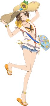 Rule 34 | anklet, bag, banana print, bikini, bikini top only, bikini under clothes, bracelet, brown eyes, brown hair, cross-laced bra, cross-laced clothes, denim, denim shorts, diagonal-striped bikini, diagonal-striped clothes, flower, flower anklet, flower bracelet, food print, fruit print, game cg, hair tie, hat, highres, hood, hoodie, jacket, jewelry, looking at viewer, navel, norma beatty, norma beatty (summer), official alternate costume, official alternate hairstyle, official art, one eye closed, orange bikini, orange sandals, sandals, short hair, short shorts, shorts, smile, straw hat, striped bikini, striped clothes, sunflower, swimsuit, tales of (series), tales of asteria, tales of legendia, towel, transparent background, very short hair