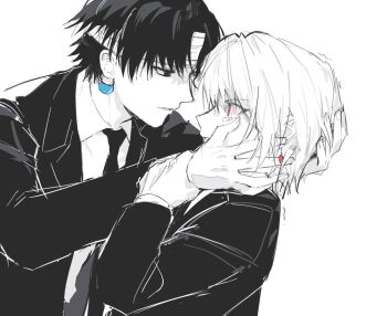 2boys bandaged_head bandages chrollo_lucilfer collared_shirt crying curtained_hair earrings eye_contact face-to-face greyscale hand_on_another's_face hunter_x_hunter jacket jewelry kurapika looking_at_another male_focus monochrome multiple_boys necktie red_eyes sevenlistening shirt short_hair simple_background suit_jacket tears teeth upper_body white_background