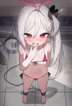1girl absurdres arm_behind_back artist_request barefoot bikini blue_archive blush bottle cameltoe commission cuffs from_above full_body grin hair_between_eyes halo hand_to_own_mouth highres loli long_hair looking_at_viewer micro_bikini mutsuki_(blue_archive) navel red_bikini red_halo second-party_source shackles side_ponytail smile solo standing swimsuit tile_floor tiles white_hair