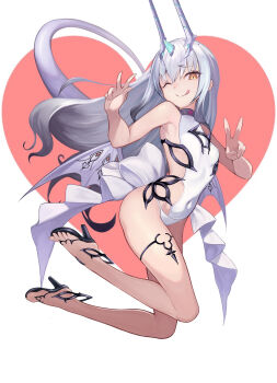 1girl absurdres breasts brown_eyes commentary_request covered_navel double_v dragon_horns dragon_tail dragon_wings fate/grand_order fate_(series) forked_eyebrows genshu_doki heart heart_background high_heels highres horns long_hair melusine_(fate) melusine_(swimsuit_ruler)_(fate) melusine_(swimsuit_ruler)_(second_ascension)_(fate) one-piece_swimsuit one_eye_closed small_breasts swimsuit tail tongue tongue_out v white_hair white_one-piece_swimsuit wings