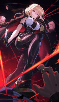 1girl 1other absurdres arm_strap black_coat black_gloves black_pants blonde_hair breasts chest_harness closed_mouth coat coat_on_shoulders elbow_gloves evelyn_chevalier gloves half_gloves harness high-waist_pants highres holding holding_knife k0a knife large_breasts latex_pants necktie pants purple_eyes shirt single_elbow_glove single_half_glove string tight_clothes tight_pants trampling white_shirt yellow_necktie zenless_zone_zero