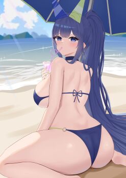 1girl absurdres ass azur_lane bare_shoulders beach bikini blue-tinted_eyewear blue_bikini blue_eyes blue_hair breasts crazy_straw day drinking_straw eyewear_on_head feet_out_of_frame from_behind green-tinted_eyewear heart_straw heterochromatic_eyewear highres large_breasts long_hair looking_at_viewer looking_back new_jersey_(azur_lane) new_jersey_(midsummer_leisure)_(azur_lane) o-ring o-ring_bikini ocean official_alternate_costume outdoors ponytail rita_(utya4488) sand solo swimsuit thong_bikini tinted_eyewear triangular_eyewear very_long_hair water