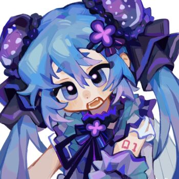 arm_tattoo blue_eyes blue_hair blush dot_nose eyelashes fang hair_ornament hairclip hatsune_miku long_hair looking_at_viewer makeup neck_ribbon nose_blush number_tattoo open_mouth portrait ribbon rouge_(makeup) short_eyebrows shoulder_tattoo square suuroku tattoo teeth tongue twintails vocaloid white_background
