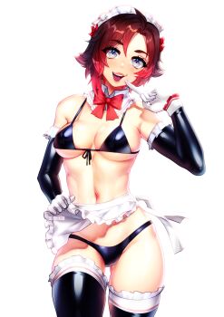 1girl apron bikini breasts detached_sleeves gloves grey_eyes headdress highres lipstick maid maid_headdress makeup micro_bikini phloxberry revealing_clothes ribbon ruby_rose rwby short_hair swimsuit thighhighs thighs white_gloves