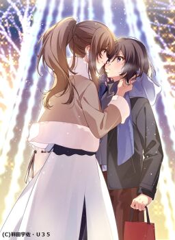 2girls artist_name bag black_hair brown_hair christmas coat commentary_request eye_contact highres holding holding_bag long_hair looking_at_another miyagi_shiori multiple_girls official_art ponytail scarf sendai_hazuki short_hair shuuniichido_classmate_wo_kau_hanashi u35