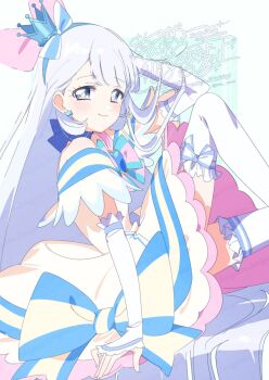 1girl adversarial_noise aqua_background bare_shoulders blue_bow blue_choker blue_crown blue_eyes blue_hairband blue_sleeves blunt_bangs border bow bow_choker bow_legwear bowtie bright_pupils brooch choker closed_mouth cowboy_shot crown crown_earrings cure_nyammy dress earrings eyelashes feather-trimmed_sleeves frilled_arm_warmers frilled_dress frilled_thigh_strap frills grey_hair hair_bow hair_flowing_over hairband hand_on_own_head hat hat_bow heart heart_brooch highres jewelry knee_up large_bow light_blush looking_at_viewer magical_girl mini_crown nekoyashiki_yuki off-shoulder_dress off_shoulder outside_border pink_bow pink_bowtie pink_dress precure serizawa_serizane short_dress signature single_stripe sitting smile solo straight_hair striped_background striped_bow striped_bowtie striped_clothes striped_sleeves thigh_strap thighhighs too_many_watermarks two-sided_dress two-sided_fabric vertical-striped_background watermark watermark_grid white_arm_warmers white_border white_bow white_dress white_pupils white_thighhighs wonderful_precure!