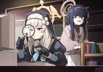 2girls absurdres artist_name black_gloves black_hair black_veil blue_archive book bookshelf brown_cardigan cardigan commentary_request computer_keyboard gloves grey_hair hairband halo highres holding holding_magnifying_glass korean_commentary long_hair long_sleeves looking_through_magnifying_glass magnifying_glass monitor multiple_girls neckerchief pleated_skirt purple_eyes purple_hairband purple_neckerchief sailor_collar sakurako_(blue_archive) skirt sweatdrop trinity_general_school_logo twitter_username ui_(blue_archive) ujuro veil white_sailor_collar white_skirt yellow_halo