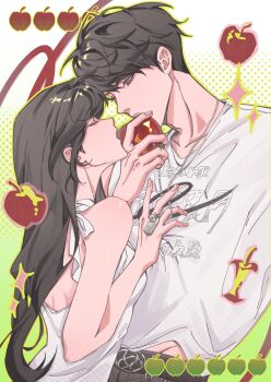 1boy 1girl apple apple_core black_hair black_pants breasts caleb_(love_and_deepspace) closed_eyes couple dog_tags dress food fruit green_background hair_between_eyes halter_dress halterneck hetero highres holding holding_food holding_fruit long_hair looking_at_another love_and_deepspace medium_breasts midriff_peek open_mouth pants print_shirt protagonist_(love_and_deepspace) shirt short_hair sleeveless sleeveless_dress upper_body white_dress yibai0419