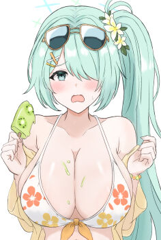 Rule 34 | 1girl, absurdres, aqua hair, bare shoulders, bikini, blue archive, breasts, cleavage, commentary request, eyewear on head, floral print, floral print bikini, flower, food, food on body, food on breasts, fruit, hair flower, hair ornament, hair over one eye, halo, highres, hiyori (blue archive), hiyori (swimsuit) (blue archive), ice cream bar, jacket, kiwi (fruit), kiwi slice, large breasts, long hair, long sleeves, looking at viewer, melting popsicle, off shoulder, official alternate costume, open mouth, print bikini, see-through clothes, see-through jacket, side ponytail, simple background, solo, sunglasses, swimsuit, upper body, wachikumori, white background, yellow jacket