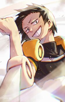 1boy arm_up black_hair black_shirt boku_no_hero_academia commentary_request dutch_angle grey_eyes grin highres looking_to_the_side male_focus sachi7723 sero_hanta shirt short_hair smile solo tape teeth turtleneck wind