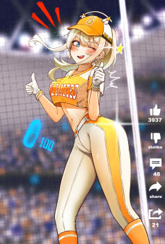 1girl ;d absurdres baseball_cap baseball_stadium baseball_uniform blonde_hair blue_eyes cropped_shirt double_thumbs_up gloves goddess_of_victory:_nikke hat highres kilowinwin navel notice_lines official_alternate_costume one_eye_closed open_mouth orange_hat orange_shirt orange_socks pants shirt smile socks solo sportswear star_(symbol) thumbs_up tove_(baseball_fan)_(nikke) tove_(nikke) two-tone_hat white_gloves white_hat white_pants