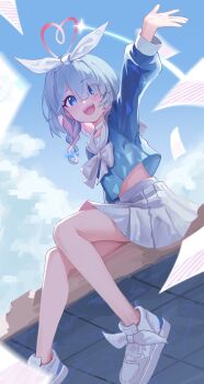 1girl :d absurdres arm_up arona_(blue_archive) backlighting bare_legs blue_archive blue_eyes blue_hair blue_shirt blue_sky bow bowtie braid choker colored_inner_hair day derivative_work eyes_visible_through_hair full_body hair_over_one_eye halo happy heart heart_halo highres knees_together_feet_apart legs long_hair long_sleeves looking_at_viewer midriff_peek miniskirt multicolored_hair open_mouth outdoors outstretched_arm outstretched_hand pink_hair pleated_skirt red_halo sailor_collar school_uniform serafuku shirt shoes single_braid sitting skirt sky smile sneakers solo teeth upper_teeth_only white_bow white_bowtie white_choker white_sailor_collar white_shoes white_skirt xiaoxiaoyifan